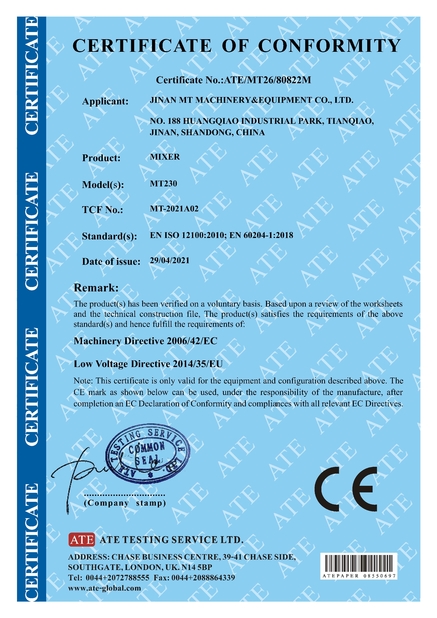 Chiny Jinan MT Machinery &amp; Equipment Co., Ltd. Certyfikaty